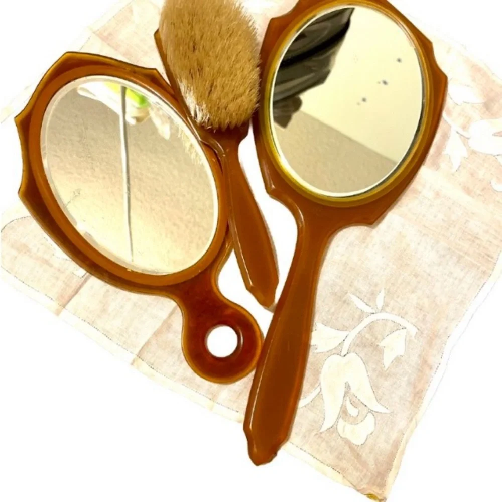 Vintage Brown Hand Mirror and Brush Set